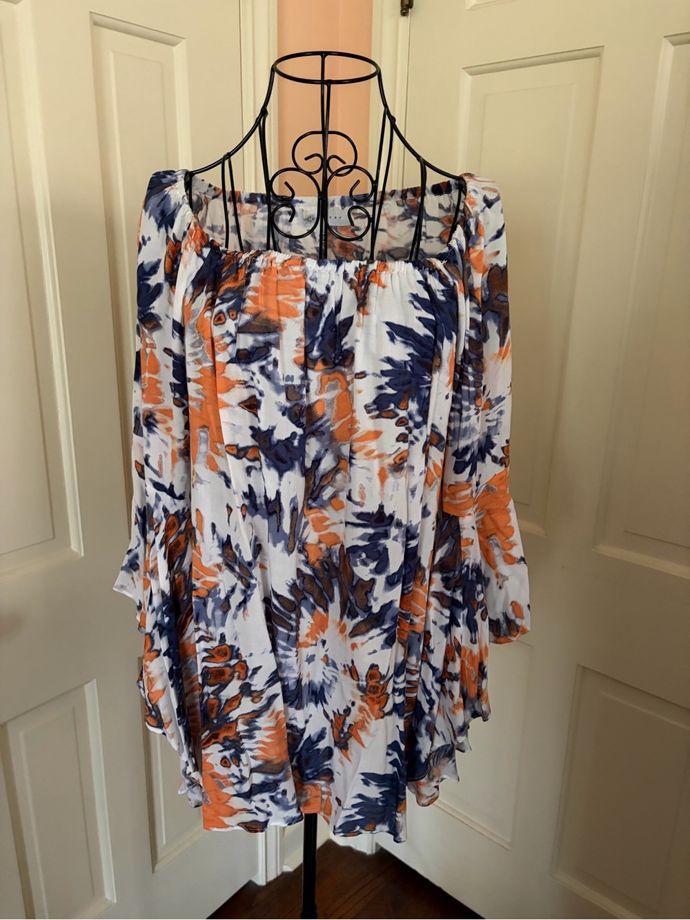 Fever Off-the-Shoulder Floral Tie-Dye Tunic - White, Navy & Orange